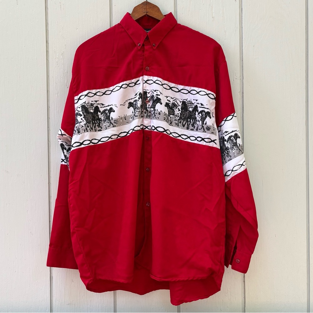 HANDMADE—Red Long-Sleeve “Wild Horses” Shirt—15.5 x 34.5—Cotton—1980s?—Craftcore